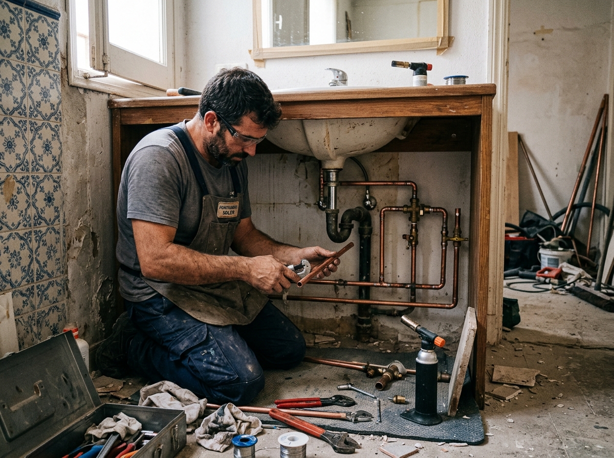 Fontanero trabajando en la instalación de un baño
