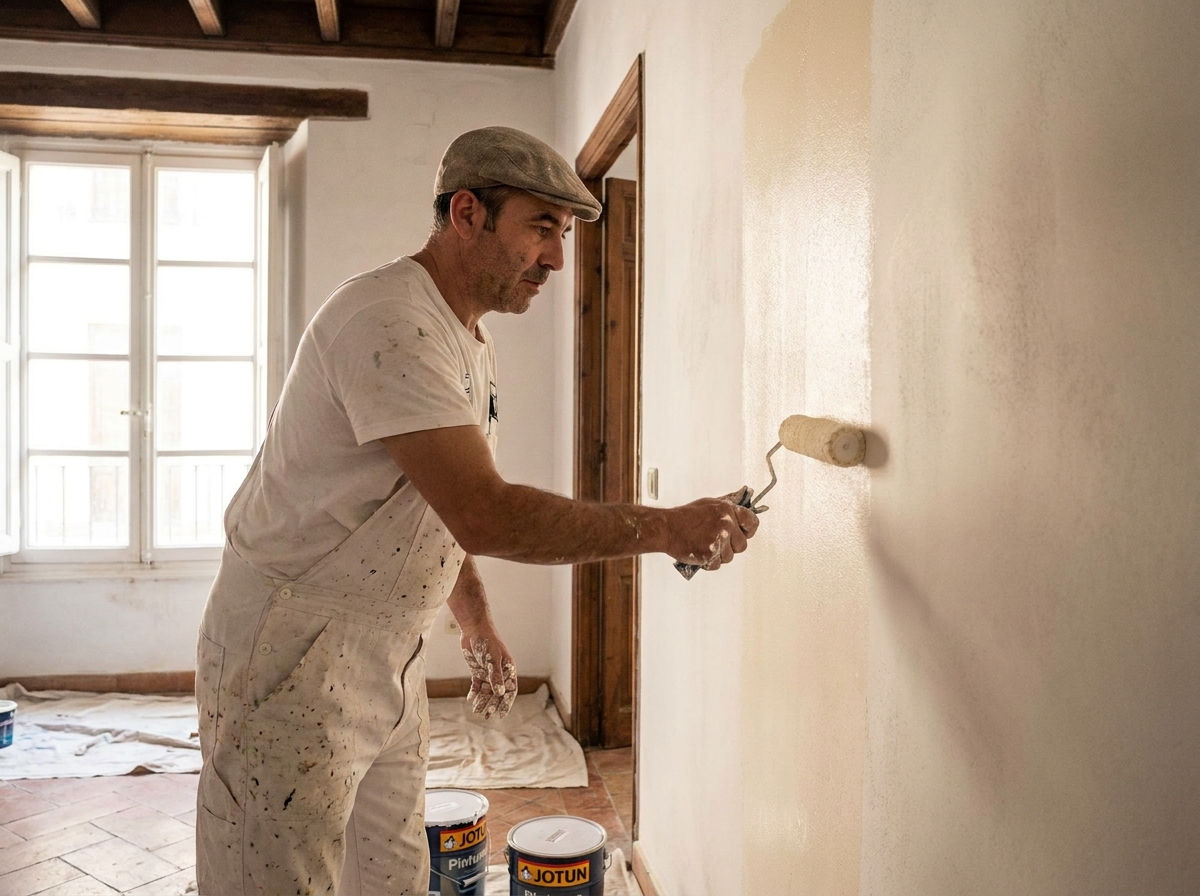 Pintor aplicando acabado en pared interior